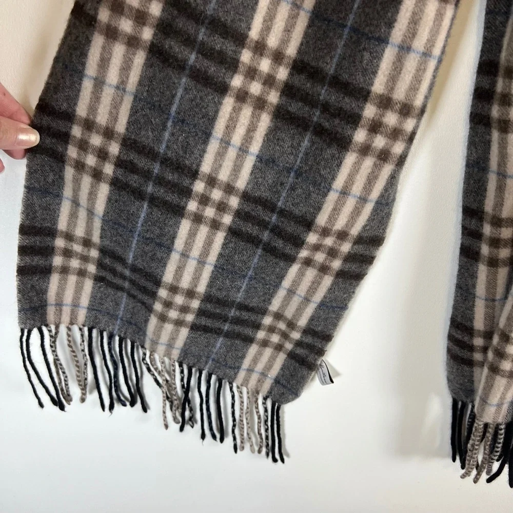 Enzo Mantovani Wool Cashmere Blend Plaid Scarf Grey Tan Black Fringe‎ RN 106630